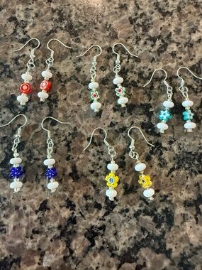 Colorful Flower Bead Dangle Earrings — White & Multicolor